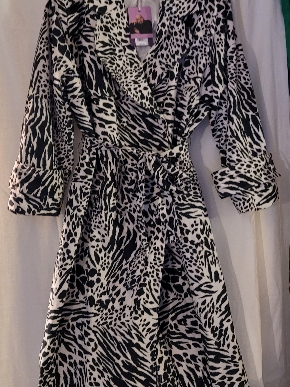 Black & White Animal-Print Trench Coat with Tie Waist